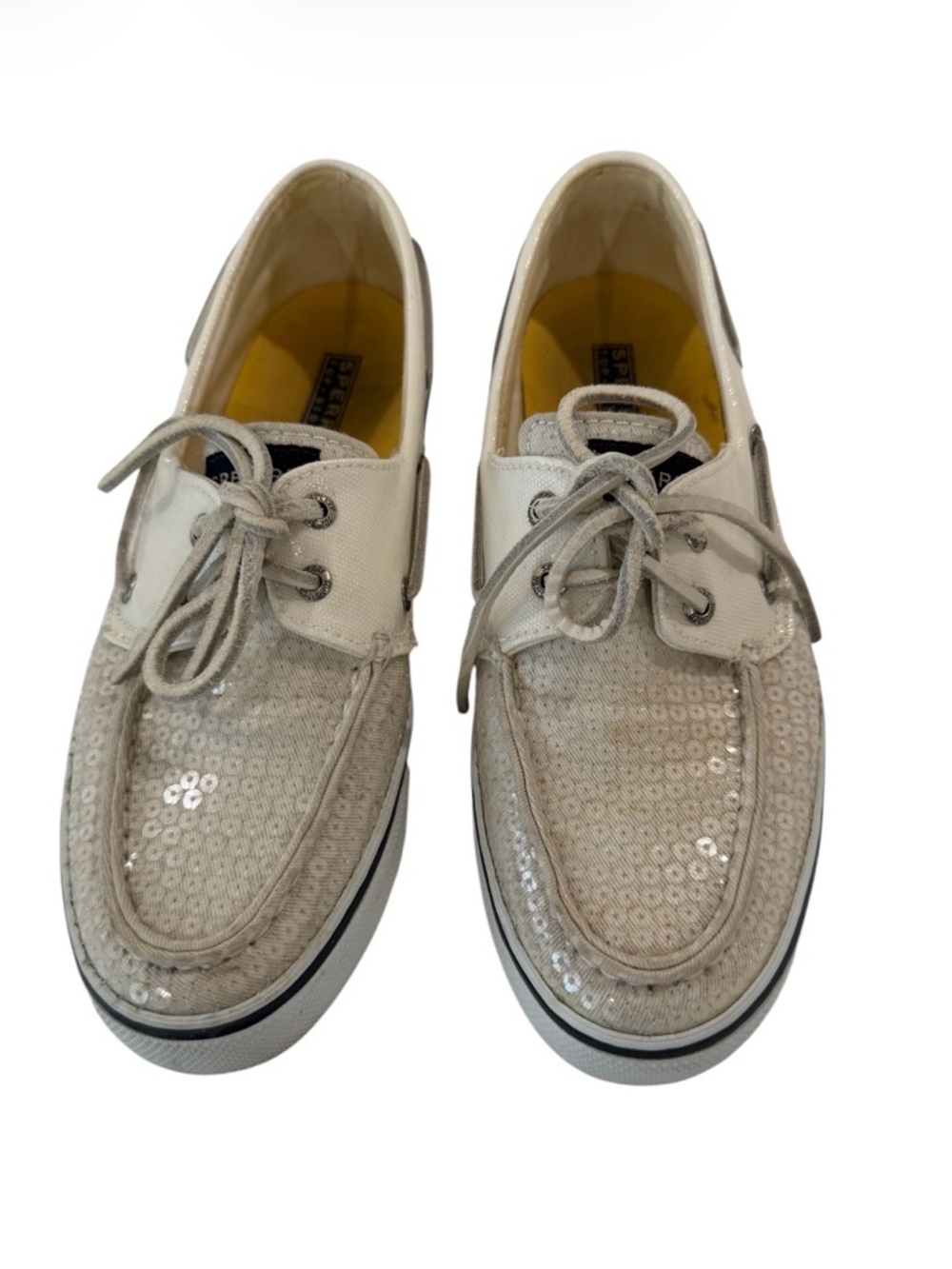 Sperry Cream-White Sequin Canvas Boat Shoes Top Siders Sneakers Preppy size 8